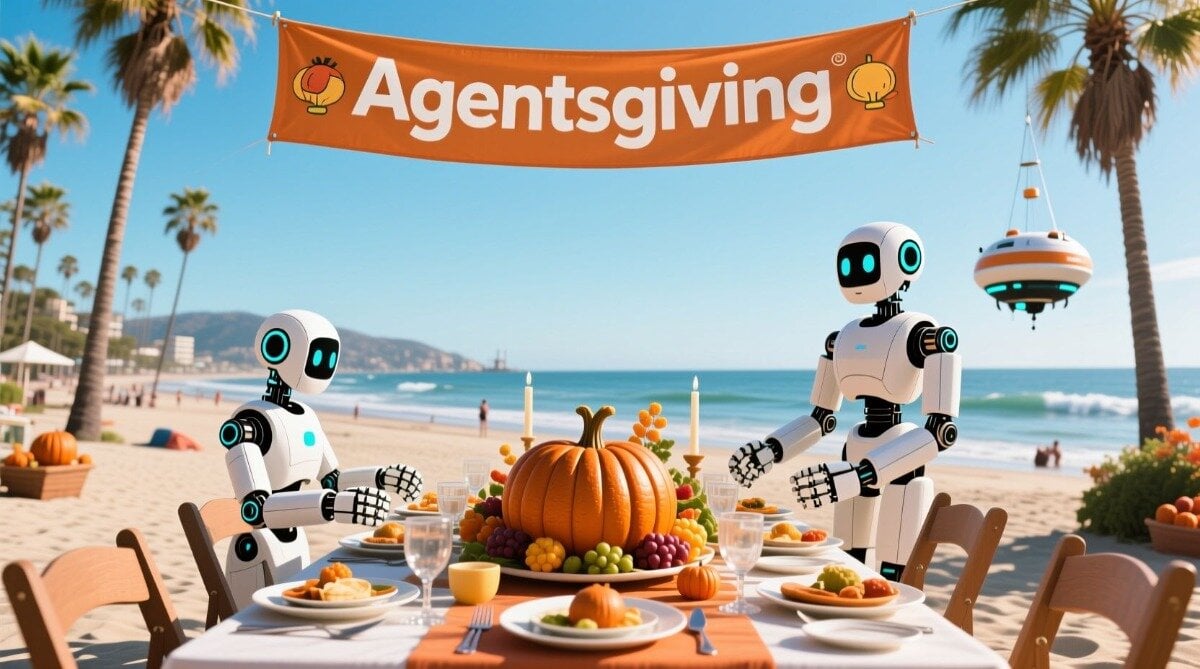 (Illustration) Two white humanoid robots are depicted sitting at a formal Thanksgiving-style dinner table set up on a sunny beach, beneath an orange banner reading "Agentsgiving." The table is adorned with a large pumpkin centerpiece, and the tropical setting includes palm trees, the ocean, and distant buildings. Text: Agentsgiving 3D render, highly detailed | Colors: #F58428, #1E90FF, #FFFFFF, #8B4513 Note: The image is a high-quality digital rendering or AI-generated artwork, featuring stylized, non-existent subjects (robots) in a photorealistic setting, classifying it as an illustration rather than a photograph.