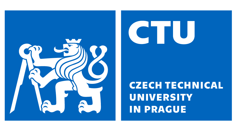 (Logo) The image displays a university logo, composed of two side-by-side blue squares. The left square features a white stylized crowned lion holding a compass, while the right square contains the white text 'CTU' at the top and 'CZECH TECHNICAL UNIVERSITY IN PRAGUE' below. Text: CTU CZECH TECHNICAL UNIVERSITY IN PRAGUE Colors: #1E60D0, #FFFFFF Note: This image is clearly designed as an official identifier for an institution, combining a unique graphic symbol (the lion) with the name and abbreviation of the university. This combination of symbolic imagery and text for brand identification is characteristic of a logo.