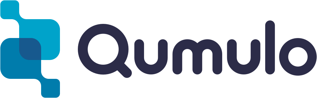 (Logo) The logo for Qumulo, featuring a stylized blue and teal geometric icon next to the brand name in a dark navy sans-serif font, set against a solid black background. Text: Qumulo Colors: #00A9CE, #0076A8, #2D2942, #000000 Note: The image displays a brand name paired with a unique graphic mark, which is the standard format for a corporate logo.
