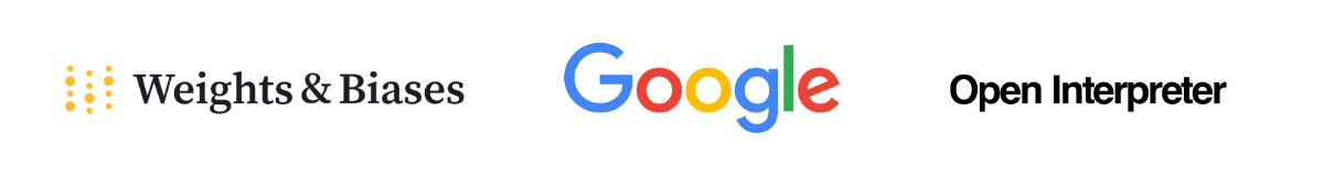 (Banner) The image displays the logos and names of Weights & Biases, Google, and Open Interpreter. Text: Weights & Biases Google Open Interpreter simple and clean | Colors: #eaa923, #4285f4, #ea4335, #fbbc05, #34a853, #000000 Note: The image presents multiple logos horizontally, resembling a banner displaying associated brands or tools. It serves to visually group these entities together.