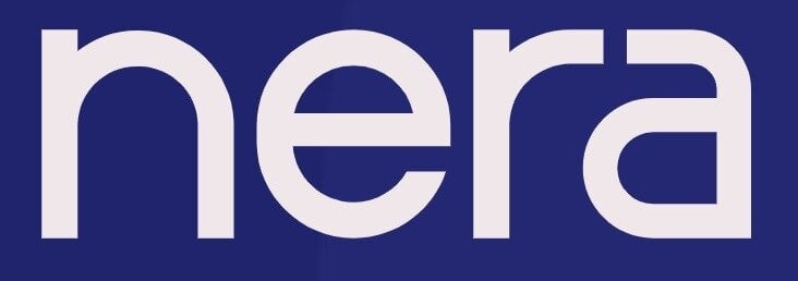 (Logo) A wordmark logo displaying the lowercase text "nera" in a thick, rounded, modern sans-serif font, set against a solid dark blue background. Text: nera Colors: #F0F0F0, #333399 Note: The image features a highly stylized wordmark (text-based logo) designed for brand identification, characterized by a unique font and color scheme.