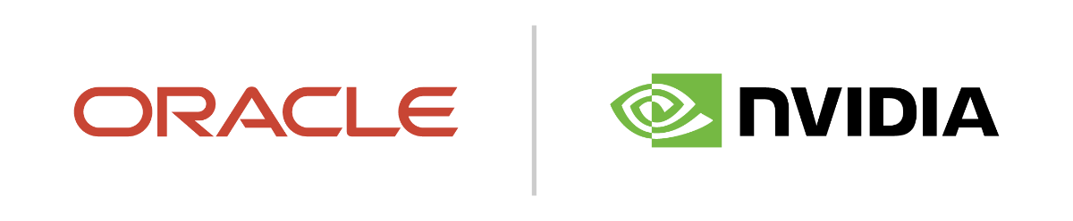 (Logo) A composite image displaying the logos of two major technology companies, Oracle and NVIDIA, set against a solid black background. Text: ORACLE Colors: #D63E2D, #76B900, #000000 Note: The image features two highly recognizable corporate logos (Oracle wordmark and NVIDIA graphic symbol) used for branding, making 'logo' the most appropriate classification.