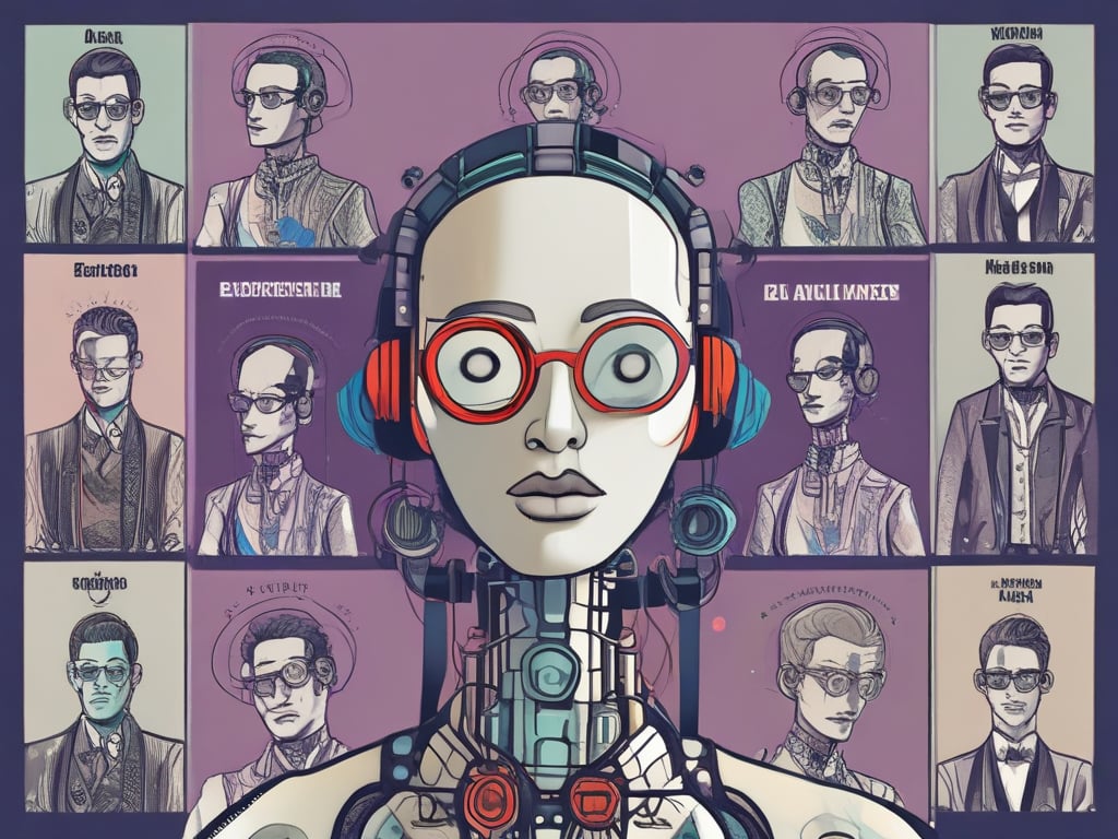 The most eclectic group of AI enthusiasts. (Illustration) An illustration featuring a central robotic figure with headphones and glasses, surrounded by smaller portraits of individuals, possibly musicians, in formal attire. Text: Oscar Beatbot ElDorado.de Moderna Arctic Monkeys Medesma Sobrino X.Curiosity Blutengel Kaiser retro, collage | Colors: #705e7a, #d1b8c2, #f04c42, #40a1c0 Note: The image is a stylized drawing, not a photograph, and depicts fictional content, making 'illustration' the most appropriate category.