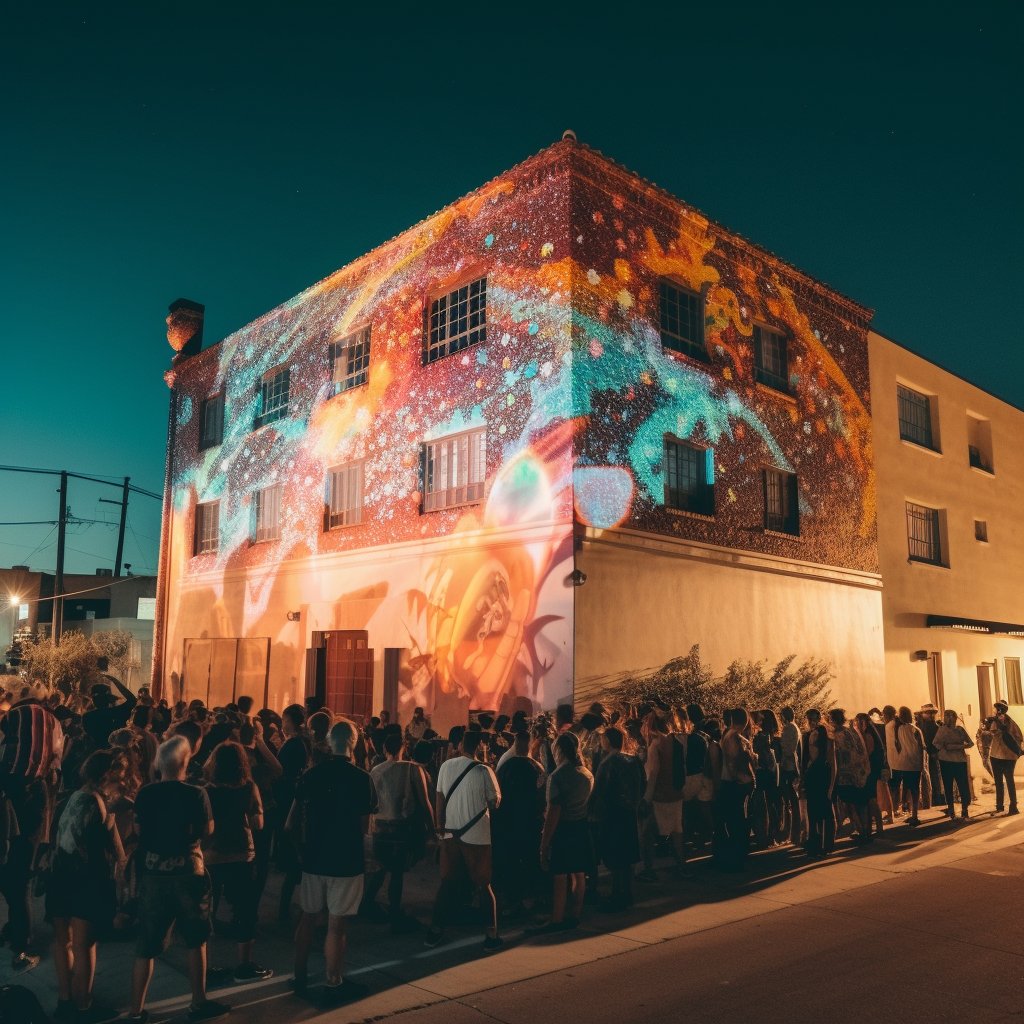 (Photo) A crowd of people stands in line outside a building at night. A colorful, animated projection covers the building's facade. people, building | outdoor | crowd, light projection, night scene | candid Note: The image is a real-life captured scene of a crowd gathered outside a building with projected art, making it a photograph.
