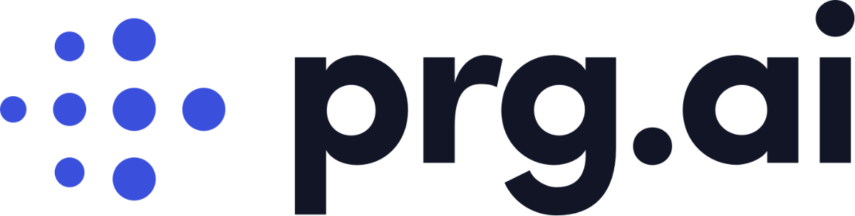 (Logo) A modern logo featuring a graphic element composed of nine blue dots clustered together, followed by the dark blue text 'prg.ai'. Text: prg.ai Colors: #1A1E29, #3344FF, #000000 Note: The image consists of a stylized graphic symbol paired with a short, specific text identifier, functioning as a corporate or organizational mark.