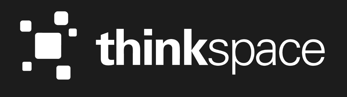 (Logo) A logo featuring a white graphic element composed of multiple squares next to the word 'thinkspace' in white, all set against a solid dark gray background. Text: thinkspace Colors: #FFFFFF, #222222 Note: The image combines a distinctive graphic mark with a brand name, designed for identification and branding purposes, which is characteristic of a logo.