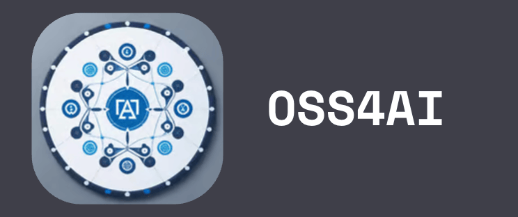 (Logo) The image displays a logo featuring a circular graphic with intricate patterns in blue and white, accompanied by the text 'OSS4AI'. The entire composition is set against a dark grey background. Text: OSS4AI Colors: #3E4045, #FFFFFF, #205B8F, #2C75B0 Note: The image consists of a distinct graphic symbol and a brand name presented together, which is characteristic of a logo designed for identification and branding purposes.