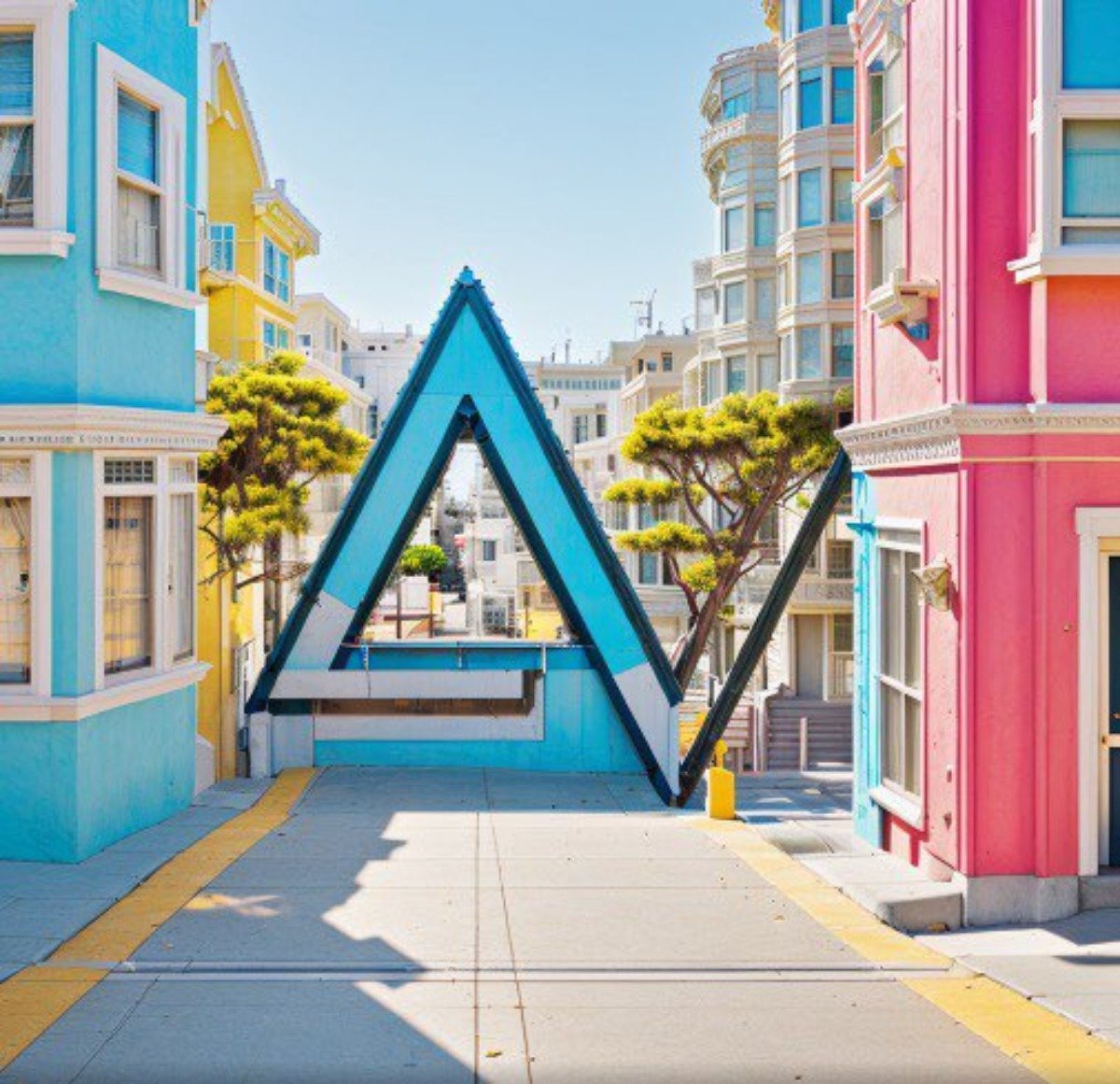 (Photo) A large, triangular, light blue and white art installation stands between brightly colored buildings. urban scene, art installation | outdoor | colorful buildings, triangular sculpture | architectural photography | Colors: #87CEEB, #FF69B4, #FFFFE0, #FFFF00 Note: The image is a real-life photograph of an urban scene featuring buildings and an art installation.