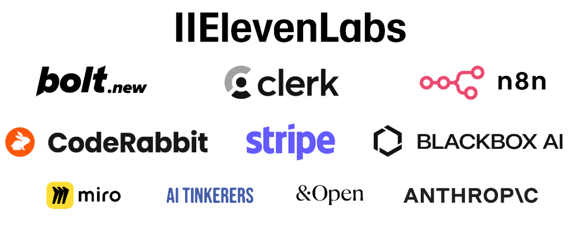(Logo) This image displays a collection of twelve corporate logos arranged in three rows against a solid black background, featuring prominent tech companies and startups. Text: bolt clerk n8n CodeRabbit stripe BLACKBOX AI W AI TINKERERS &Open ANTHROPIC Colors: #000000, #FFFFFF, #5A4AF0, #FF6699, #FF6600, #FFCC00 Note: The image is a compilation of multiple stylized brand marks and wordmarks used to represent various companies, which is the definition of a collection of logos.