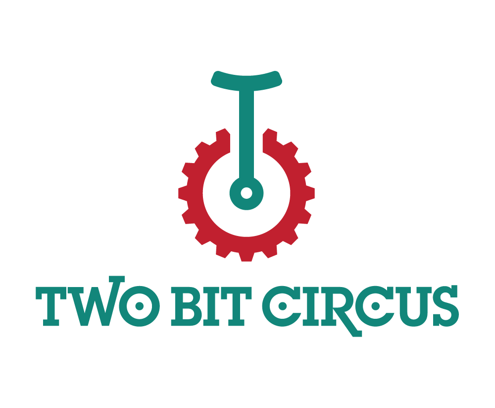 (Logo) A logo featuring a stylized graphic of a unicycle or a gear with a handle, positioned above the text 'TWO BIT CIRCUS', all rendered in teal and red colors on a black background. Text: TWO BIT CIRCUS Colors: #2F807B, #C02F3A Note: The image combines a distinct graphic symbol with a brand name, designed for identification and branding purposes, which is characteristic of a logo.