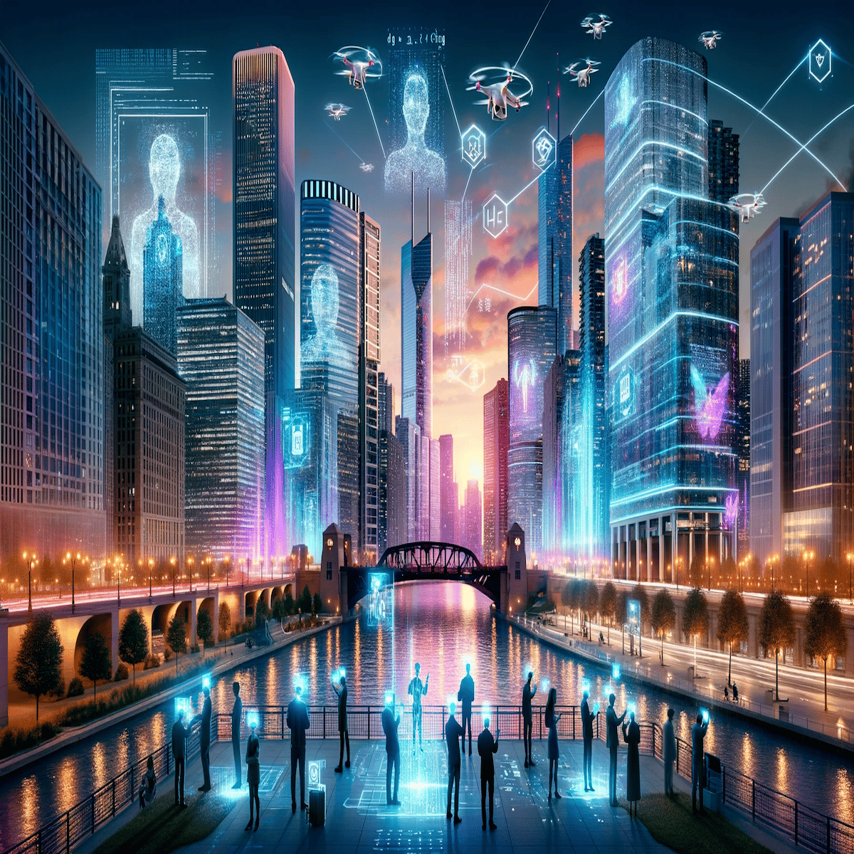 (Illustration) An illustration of a futuristic cityscape at sunset, with holographic projections of people, data, and drones overlaid on the buildings and river. 3D | Colors: #002AFF, #FF6A00, #FF00FF Note: The image is a digitally created artwork depicting a futuristic concept, rather than a photograph or other type of image.