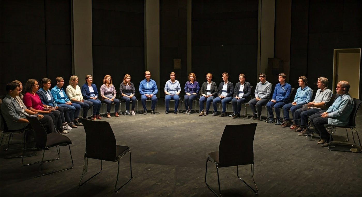 A sharing circle of AI practitioners in a large room. Also hide a tiny frog in there somewhere. (Photo) A group of people are sitting in a circle in a room. They are all looking in the same direction. group of people | indoor | people seated in a circle | candid | Colors: #282828, #4682B4, #D2B48C Note: This appears to be a real-world scene captured with a camera, making it a photograph.