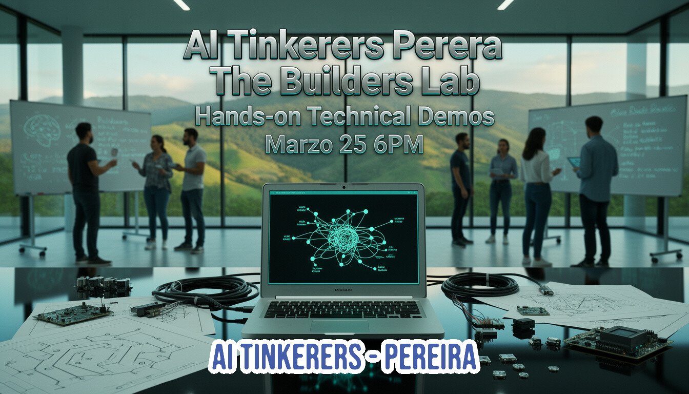 (Banner) A promotional banner for a technical event called 'AI Tinkerers Pereira', featuring a laptop with a neural network visualization and people collaborating in a modern office setting. Text: AI Tinkerers Perera The Builders Lab Hands-on Technical Demos Marzo 25 6PM AI TINKERERS - PEREIRA Modern, clean, and tech-oriented with a professional aesthetic. | Colors: #000000, #FFFFFF, #00D1B2, #4A4A4A Note: The image is a promotional graphic that uses a combination of text overlays and a background scene to advertise a specific event and time.