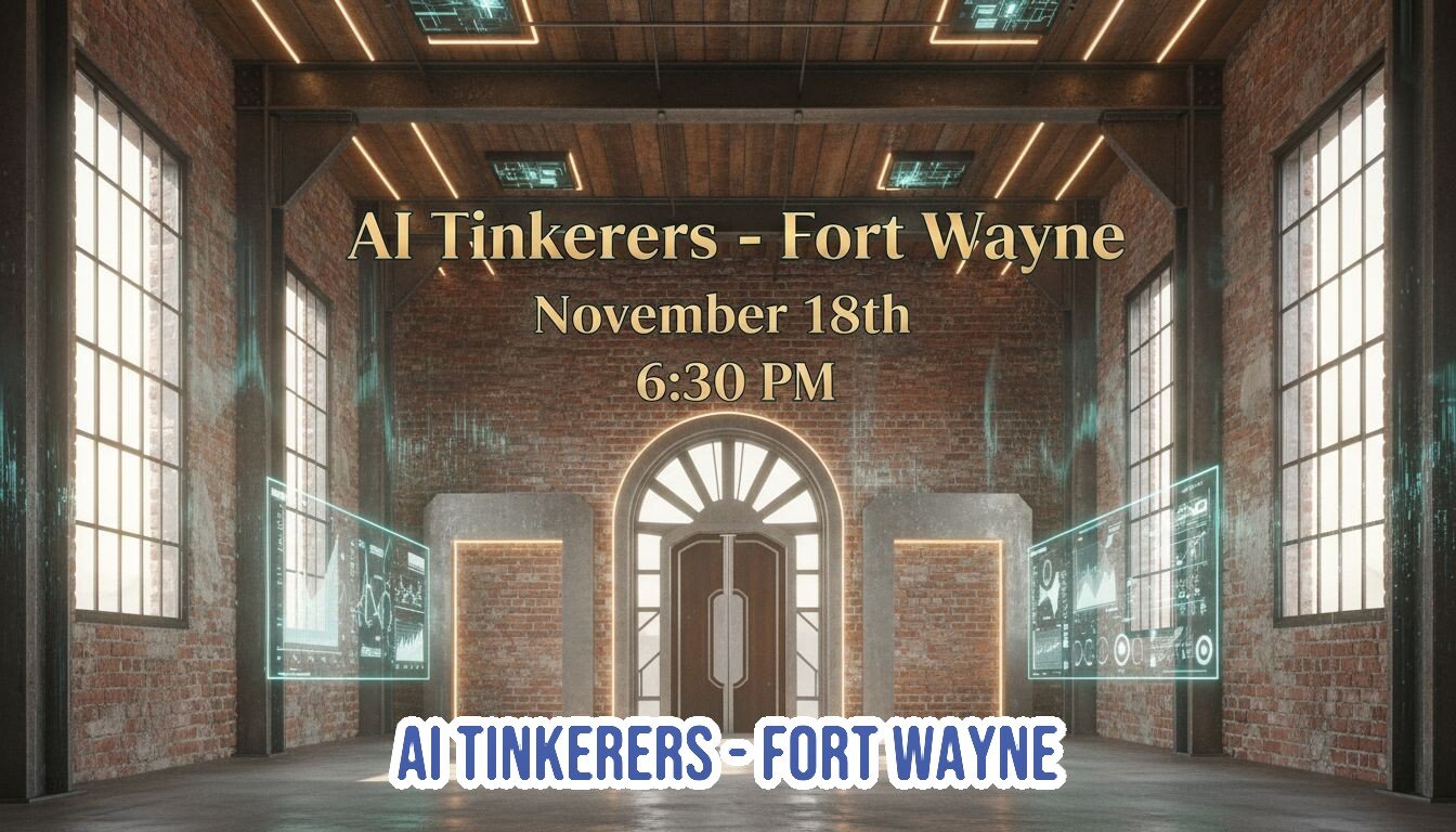 (Banner) A promotional banner for an event called 'AI Tinkerers - Fort Wayne,' featuring event details overlaid on a 3D rendered background of a dark, industrial loft interior with exposed brick and futuristic holographic screens. Text: AI Tinkerers - Fort Wayne November 18th 6:30 PM AI TINKERERS - FORT WAYNE Dark, industrial/steampunk aesthetic mixed with futuristic/cyberpunk elements. | Colors: #A07F4E, #5C3E37, #1A1A1A, #40E0D0 Note: The image functions as a promotional graphic, displaying key information (event name, date, time) in a structured layout intended for advertisement or announcement purposes.