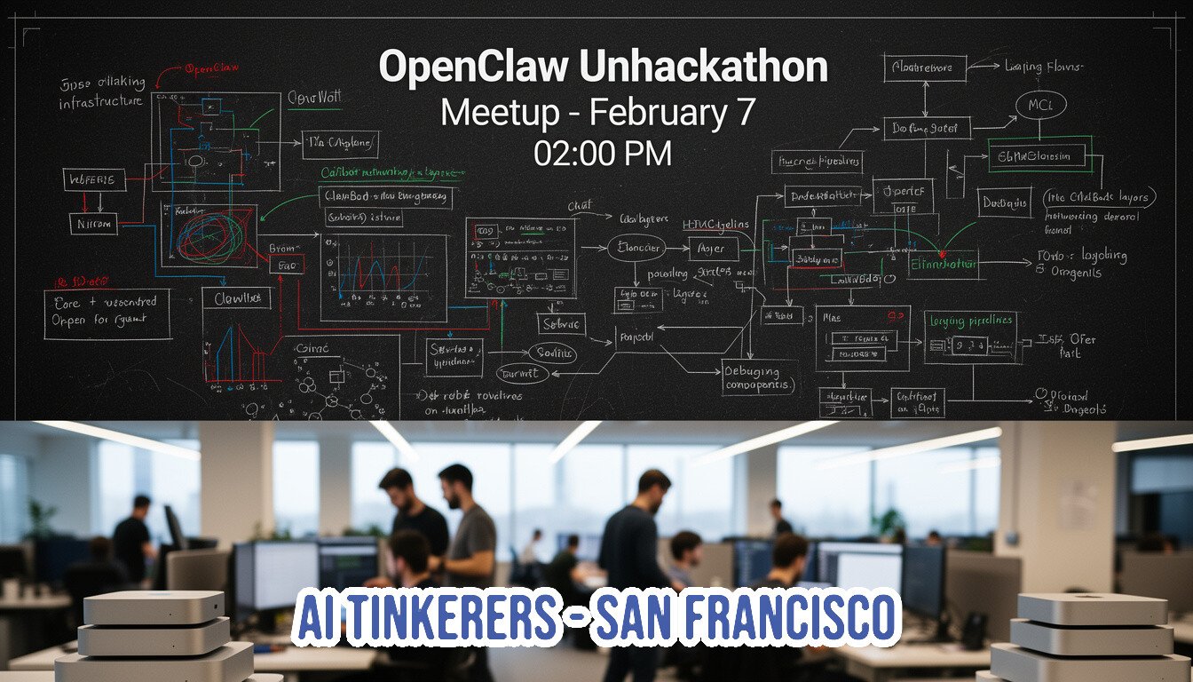 (Banner) A promotional banner advertising the 'OpenClaw Unhackathon Meetup' for 'AI TINKERERS - SAN FRANCISCO,' featuring a complex technical diagram drawn like chalk on a blackboard above a photograph of people working in a modern, open-plan office. Text: OpenClaw Unhackathon Meetup - February 7 02:00 PM AI TINKERERS - SAN FRANCISCO Technical, high-contrast, corporate/startup aesthetic. | Colors: #FFFFFF, #000000, #2954A5, #A9A9A9 Note: The image is a composite graphic designed specifically to advertise an event (a hackathon meetup), combining text, illustration, and photography for promotional purposes, classifying it as a banner.
