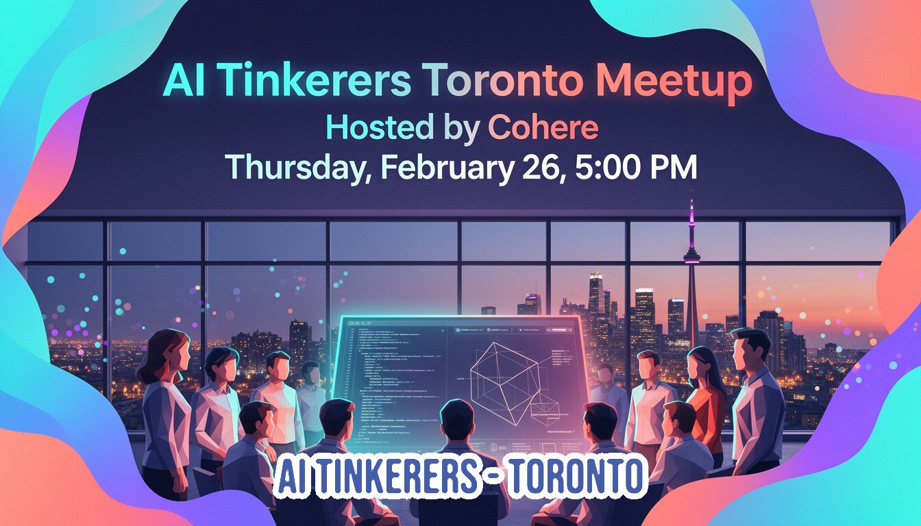 (Banner) A promotional banner for the 'AI Tinkerers Toronto Meetup' hosted by Cohere, featuring event details overlaid on a stylized digital illustration. Text: AI Tinkerers Toronto Meetup Hosted by Cohere Thursday, February 26, 5:00 PM AITINKERERS-TORONTO Modern, vibrant, digital illustration with geometric/flat design elements. | Colors: #190f36, #00ffff, #5d3599, #f76c6c Note: The image is designed as a promotional poster or advertisement for a specific event, featuring headline text, logistical details, and a thematic illustration.