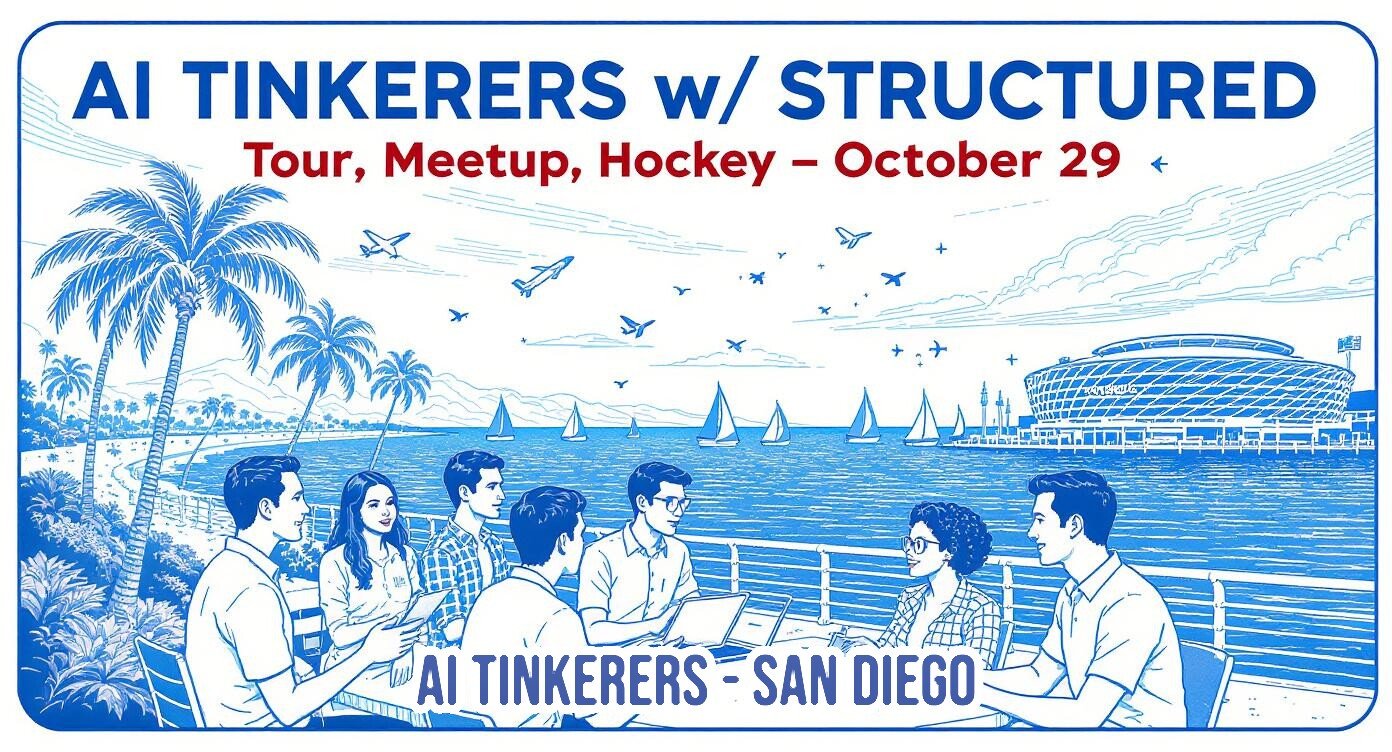 (Banner) A promotional banner for an event called 'AI TINKERERS' featuring a blue and white line-art illustration of a group meeting outdoors by the water in San Diego, with palm trees and a stadium in the background. Text: AI TINKERERS w/ STRUCTURED Tour, Meetup, Hockey – October 29 AI TINKERERS - SAN DIEGO Line-art, retro/vintage poster aesthetic, two-tone color scheme (blue and white) with red accents. | Colors: #FFFFFF, #003399, #CC0000 Note: The image is designed as a structured advertisement or poster, using prominent text and a central graphic to announce an event, date, and location.
