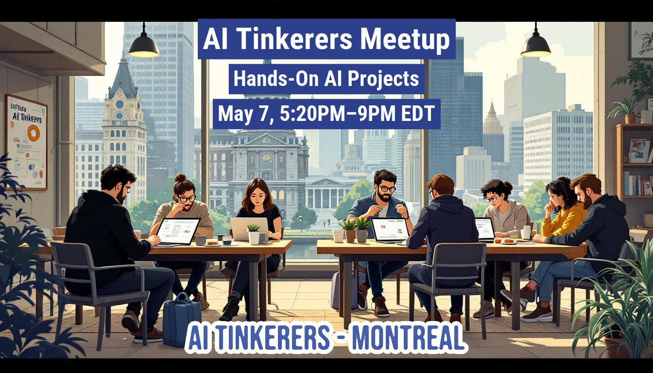 (Banner) The image depicts a group of people working on laptops around tables, with a city skyline visible through the windows. The image advertises an "AI Tinkerers Meetup" with the date and time. Text: Al Tinkeers AI Tinkerers Meetup Hands-On Al Projects May 7, 5:20PM-9PM EDT AI TINKERERS-MONTREAL Modern, illustrative | Colors: #FFFFFF, #003399 Note: The image functions as an advertisement for an event, displaying text and visual elements to convey information. It's designed to attract attention and promote the meetup.