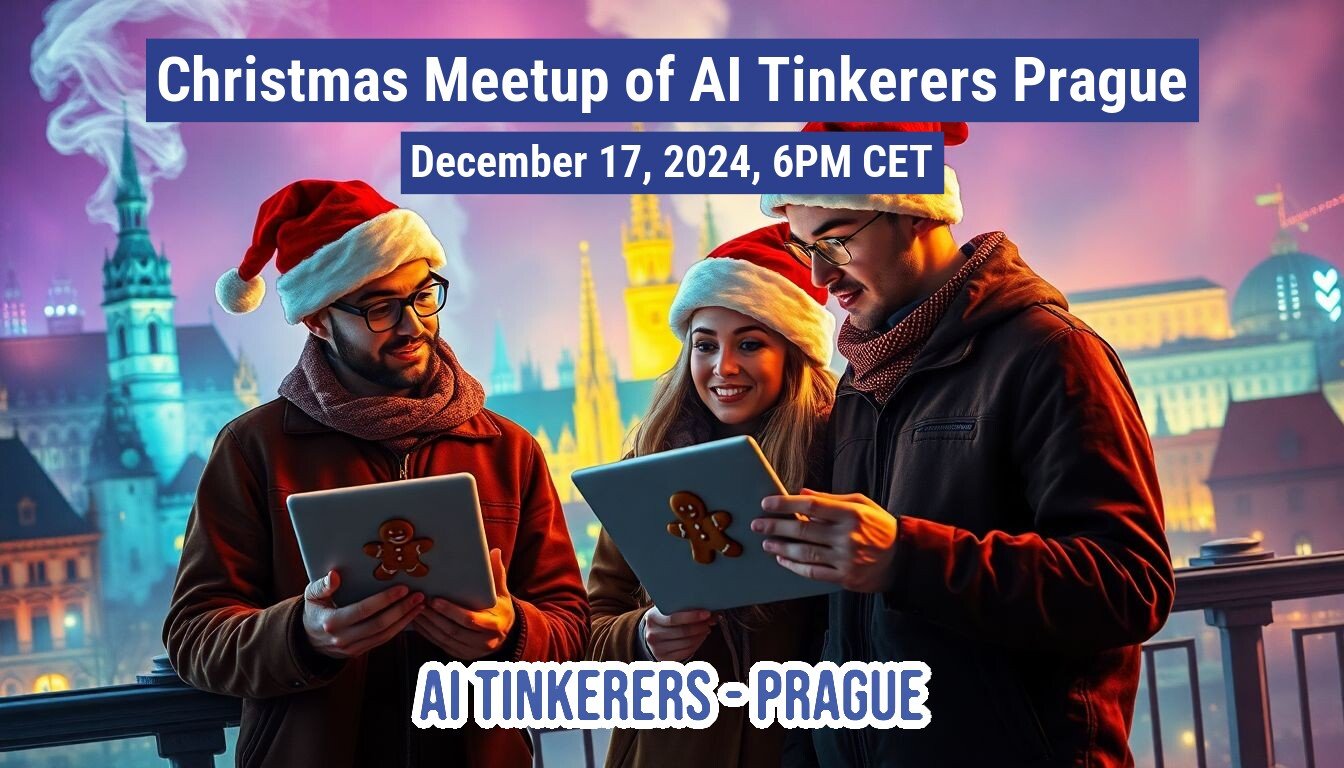 (Banner) A banner advertising a Christmas meetup for AI Tinkerers in Prague, featuring three people wearing Santa hats and looking at tablets. Text: Christmas Meetup of Al Tinkerers Prague December 17, 2024, 6PM CET AI TINKERERS-PRAGUE modern, festive | Colors: #2e1473, #ffffff, #2a6eb1 Note: The image is clearly designed as a promotional advertisement for an event, with a headline, date/time information, and a clear call to action related to a specific group.