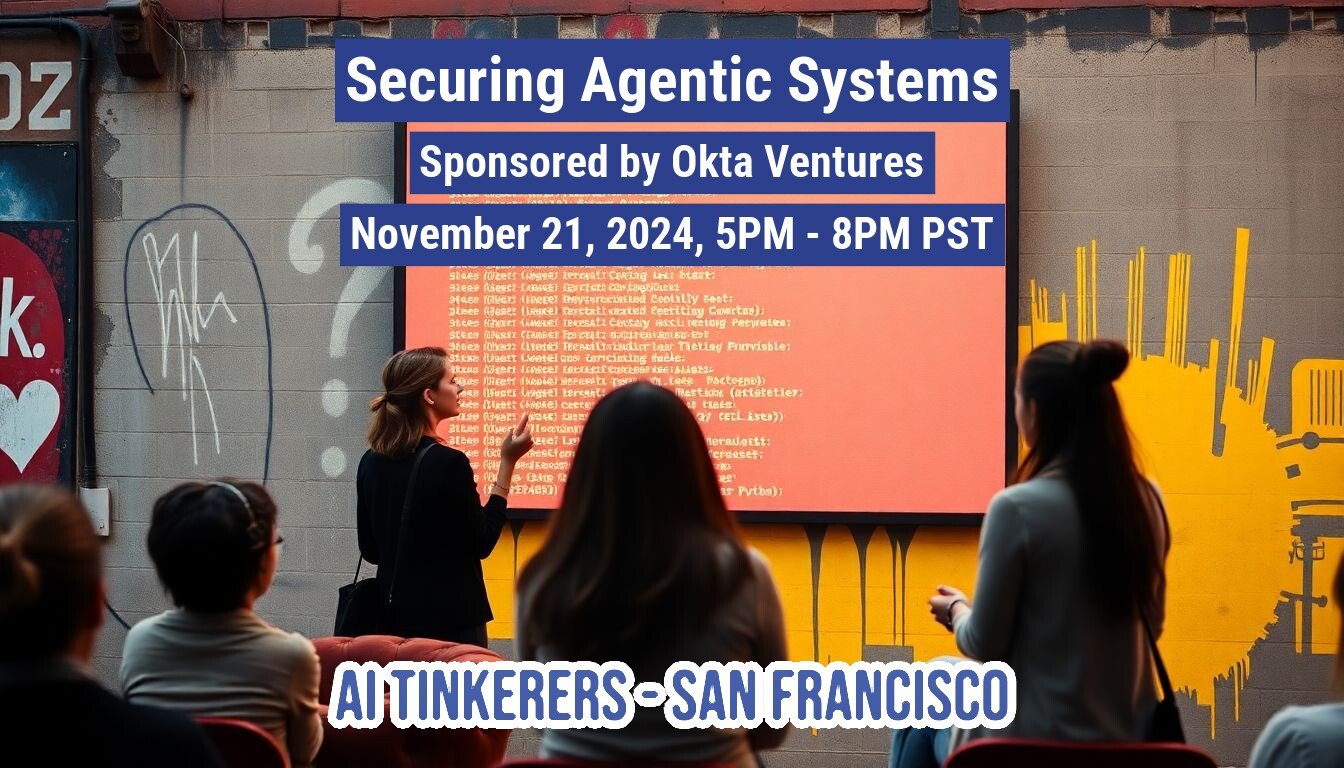 (Photo) A photo of people gathered in front of a presentation screen displaying code and event details. Text: Securing Agentic Systems Sponsored by Okta Ventures November 21, 2024, 5PM - 8PM PST Steetselted meriting Cortezl STARY SETT Закат Hossaieraar Tistiay Parvishle Martine (@starter Sermilestt croeser 1224853) Pythe) AI TINKERERS - SAN FRANCISCO people | indoor | presentation, audience, screen displaying code | candid Note: The image is a real-world photograph capturing a scene of people at an event. It depicts a presentation and audience members, indicating a photographic record of an event.