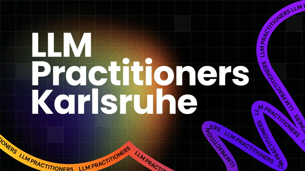 (Banner) A modern digital banner for 'LLM Practitioners Karlsruhe' featuring bold white typography over a dark grid background with a vibrant gradient glow and decorative ribbons. Text: LLM Practitioners Karlsruhe LLM PRACTITIONERS Modern, clean, tech-themed, bold | Colors: #FFFFFF, #0B0B0C, #7B1FA2, #E65100 Note: The image is a promotional digital banner designed with stylized typography, a grid background, and graphic elements representing a community group or event.