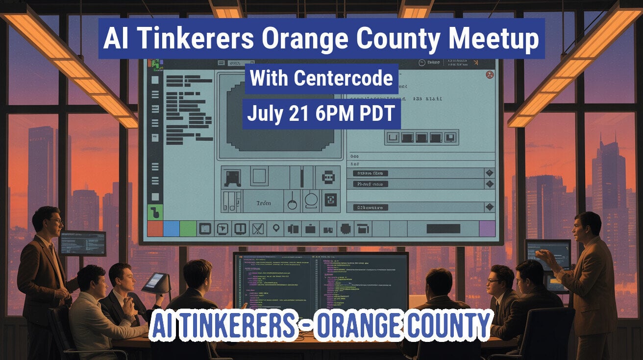 (Banner) A promotional banner for the AI Tinkerers Orange County Meetup featuring an illustration of people in a modern high-tech conference room overlooking a city at sunset. Text: AI Tinkerers Orange County Meetup With Centercode July 21 6PM PDT AI TINKERERS - ORANGE COUNTY Modern digital illustration with bold, high-contrast text boxes. | Colors: #2b4c9b, #e06a3b, #1c1d21 Note: The image is designed as a promotional event banner with prominent text overlays conveying event details (title, host, date, time) over a background illustration.