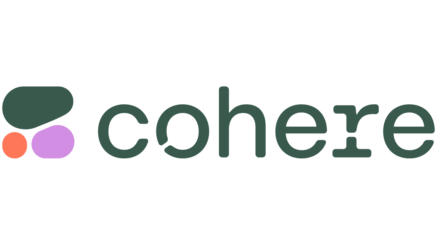 (Logo) The logo of the company Cohere, featuring a stylized wordmark in dark green and an abstract icon composed of three rounded shapes in dark green, coral, and lavender, all set against a solid black background. Text: cohere Colors: #000000, #325c48, #ff7657, #c792e3 Note: The image displays a corporate brand logo consisting of a unique graphic mark alongside its stylized brand name.