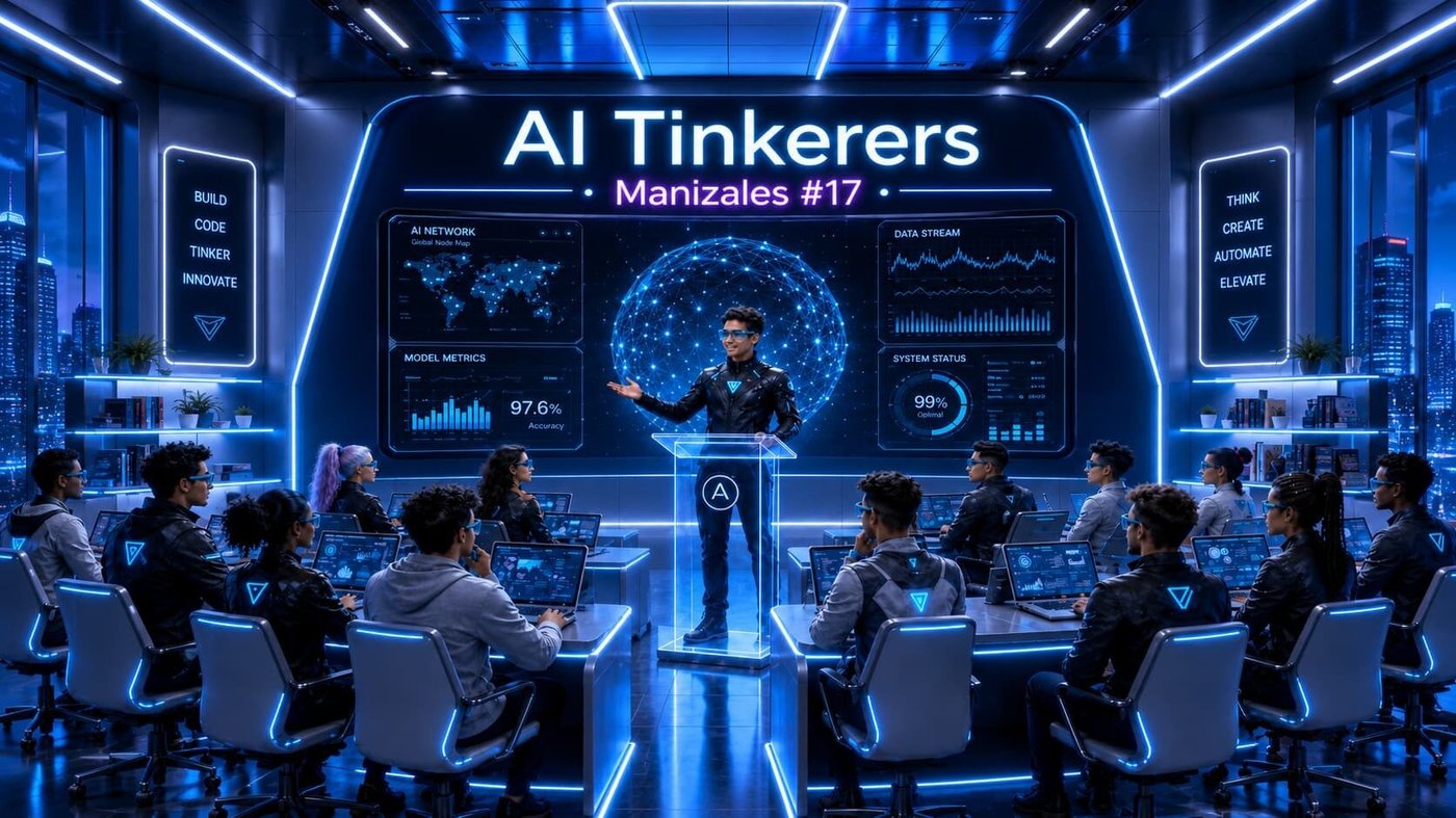 (Illustration) A futuristic presentation hall filled with an audience at desks with laptops, watching a speaker at a podium in front of a large screen displaying 'AI Tinkerers Manizales #17' and various data visualizations. Text: AI Tinkerers Manizales #17 BUILD CODE TINKER INNOVATE THINK CREATE AUTOMATE ELEVATE AI NETWORK Global Node Map MODEL METRICS 97.6% Accuracy DATA STREAM SYSTEM STATUS 99% Optimal A 3D digital illustration | Colors: #0055ff, #000000, #ffffff Note: The image is a highly stylized, futuristic digital rendering with neon lighting, characteristic of AI-generated concept art or digital illustrations.