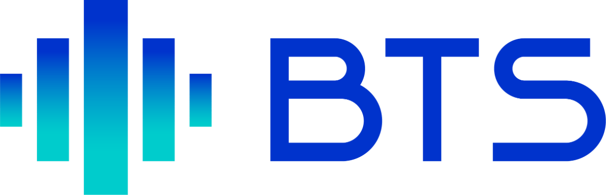 (Logo) The image shows a modern logo featuring a blue-to-cyan gradient soundwave icon on the left and the bold text 'BTS' on the right, all set against a solid black background. Text: BTS Colors: #0026e3, #00d2da, #000000 Note: The image is a brand logo consisting of a stylized graphic icon alongside the text 'BTS' on a solid background.