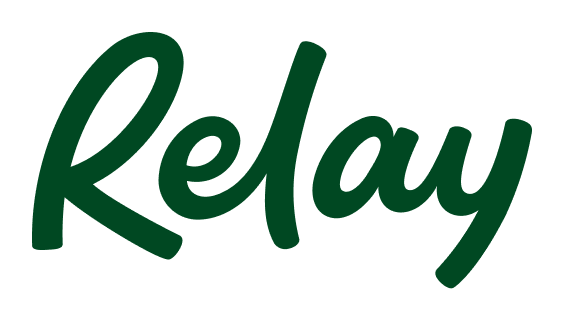 (Logo) The image displays the word 'Relay' written in a rounded, green cursive script font against a solid black background. Text: Relay Colors: #055a29, #000000 Note: The image features a stylized wordmark logo representing the brand name 'Relay' in a distinct script font.