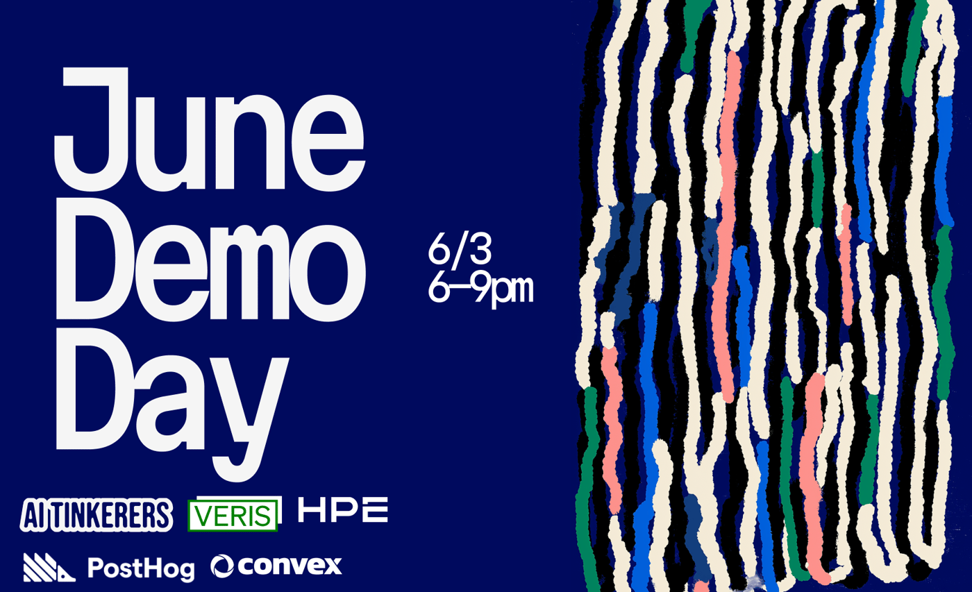 (Banner) A promotional banner for 'June Demo Day' scheduled for June 3rd from 6 to 9 PM, featuring sponsor logos and an abstract vertical wavy pattern on a dark blue background. Text: June Demo Day 6/3 6-9pm AI TINKERERS VERIS HPE PostHog convex Modern, clean, bold typography with abstract artistic elements | Colors: #000d63, #ffffff, #f5989d, #00a859, #1d70b8 Note: The image is a promotional graphic designed to advertise an upcoming event, complete with event details, dates, and sponsor logos, which is characteristic of an event banner.