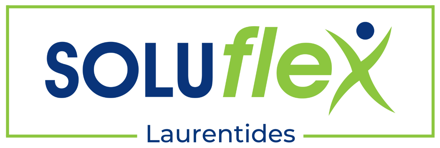 (Logo) A logo for 'SOLUflex Laurentides' featuring the brand name in blue and green text, with the letter 'x' stylized as a human figure, enclosed in a thin green rectangular border against a black background. Text: SOLUflex Laurentides Colors: #00338d, #76bc21, #000000 Note: The image is a digital graphic representing a corporate brand identity, featuring stylized typography and a symbolic icon.