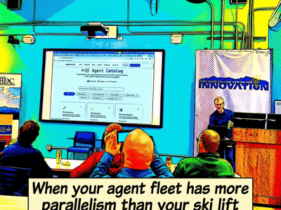 A heavily stylized, comic book-filtered photograph of an indoor technical presentation, overlaid with the meme title 'DurAlngo' and a caption about agent fleet parallelism.