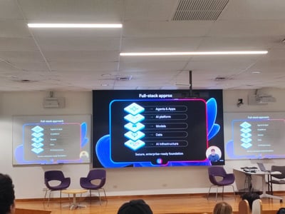A photograph of a presentation stage featuring a large central screen and two smaller side screens displaying a 'Full-stack approach' diagram for AI.