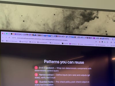 A photo of a television screen displaying a presentation slide titled 'Patterns you can reuse' which lists five software architecture patterns.
