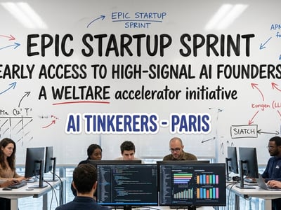 A group of people working on computers in a modern office space, positioned in front of a large whiteboard featuring text about an 'AI Tinkerer' startup event in Paris.