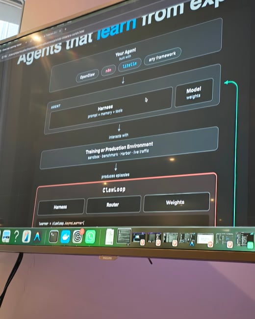 A photograph of a large monitor displaying a presentation slide about AI agents and their architecture, titled 'Agents that learn from experience'.
