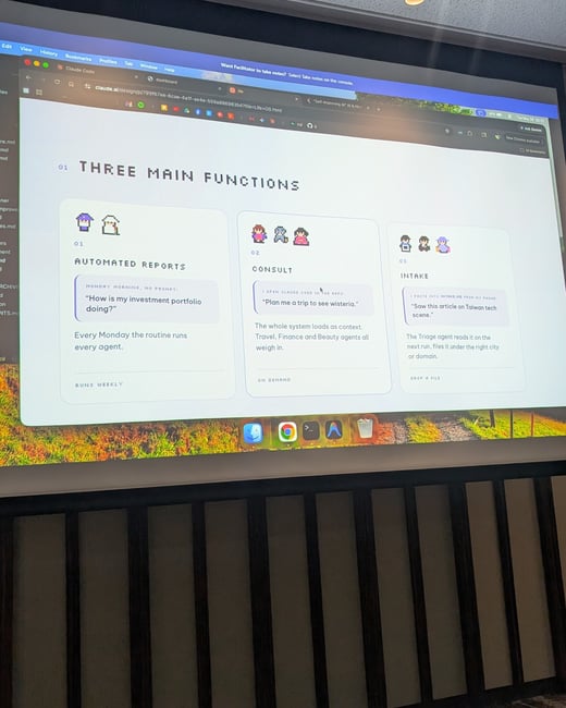 A photograph of a projection screen displaying a presentation slide about three main functions with pixel-art illustrations.