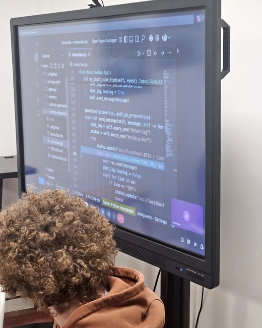 A person with curly hair is shown from behind, looking at a large monitor that displays Python source code in the Visual Studio Code editor.