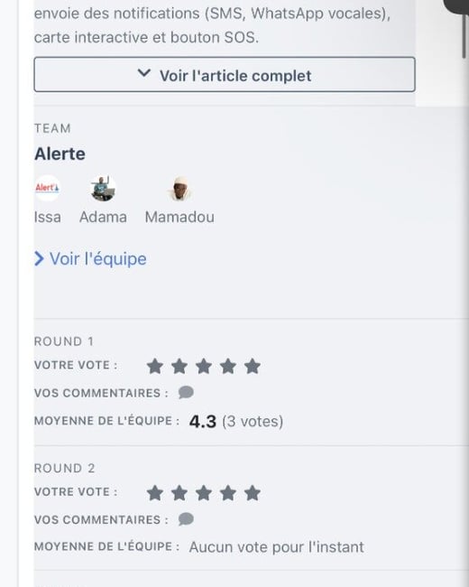 A mobile device screenshot displaying a web page interface detailing a project entry named "Alerte," including a description of its IoT+AI flood detection system, team members, and judging scores from two rounds.