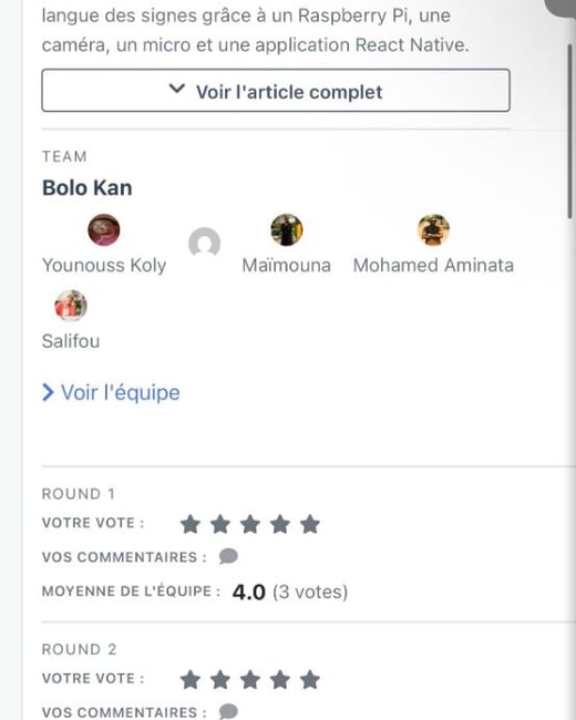 A mobile phone screenshot displaying a competition or hackathon entry page for the project 'Bolo Kan,' which involves sign language translation using a Raspberry Pi and React Native.