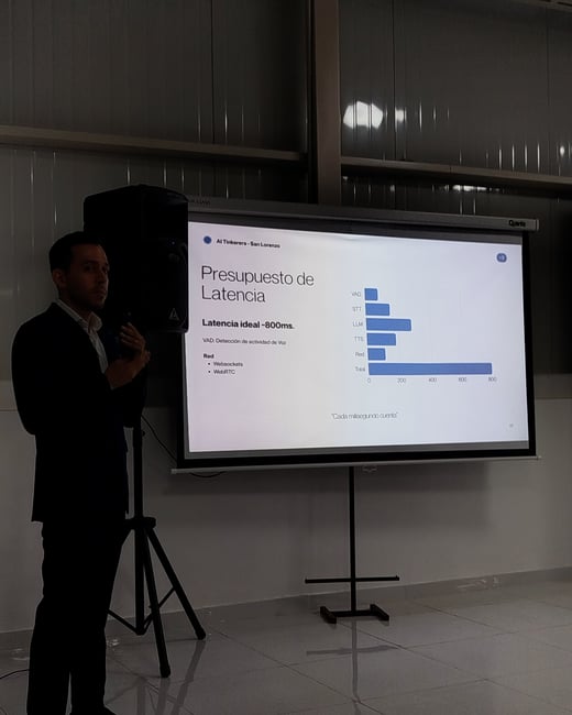 A man in a dark suit stands next to a projector screen presenting a slide titled 'Presupuesto de Latencia' with a bar chart.