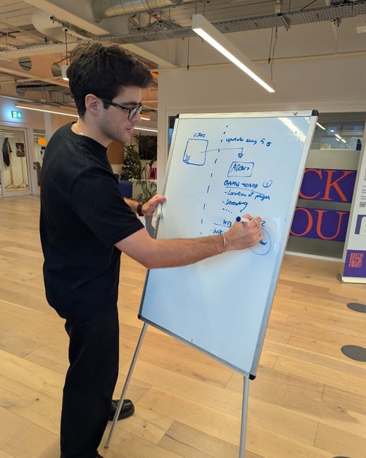 A young man wearing black clothing and glasses stands in a modern office setting, actively writing a flow chart and bulleted notes on a portable whiteboard.