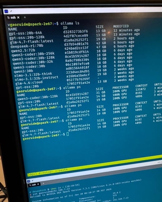 A photograph captures a computer monitor displaying a Linux terminal session, which shows the output of the `ollama ls` command listing various large language models and their sizes, followed by `ollama ps` showing currently running models and their GPU utilization on an NVIDIA DGX Spark system.