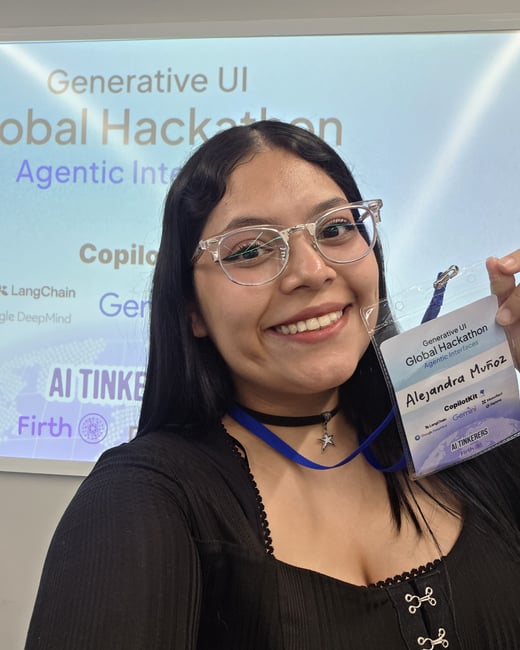 A smiling young woman holding up her event badge for the 'Generative UI Global Hackathon' in front of a screen displaying the same event title.
