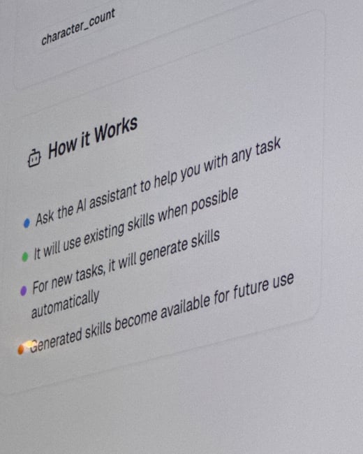 A close-up photograph of a computer screen displaying a section of a user interface titled "How it Works," which outlines the steps for using an AI assistant via bullet points.