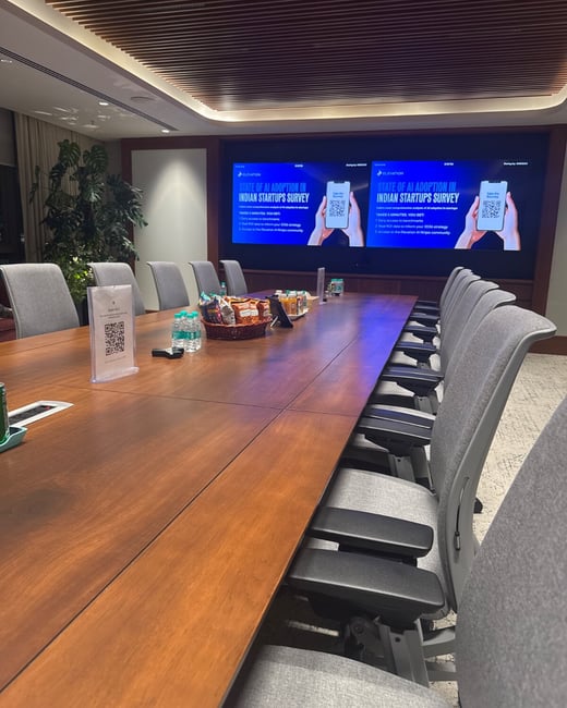 A photograph showing an empty, modern conference room with a long wooden table, gray ergonomic chairs, and a large digital screen displaying an advertisement for the 'State of AI Adoption in Indian Startups Survey'.