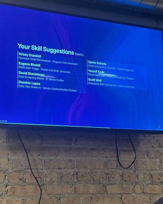 A photograph of a television screen mounted on a brick wall, displaying a list of skill suggestions for various individuals.