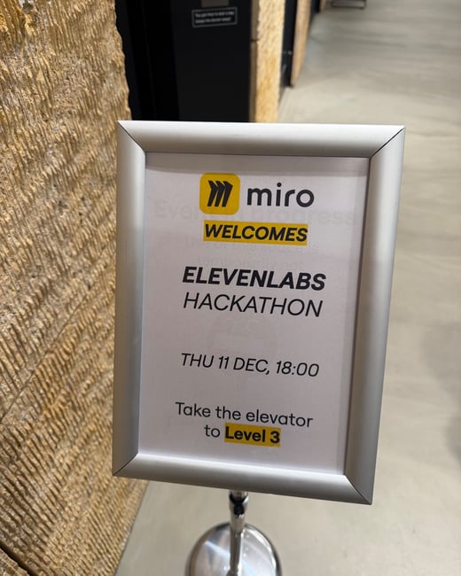 A close-up photograph of a silver-framed vertical sign welcoming attendees to the ElevenLabs Hackathon hosted by Miro, directing them to Level 3 via the elevator.