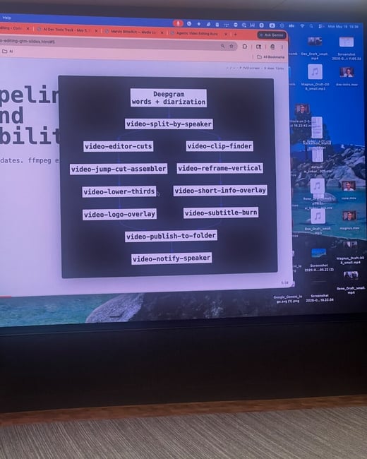 A photograph of a projection screen showing a presentation slide with a flowchart diagram outlining a video processing pipeline.